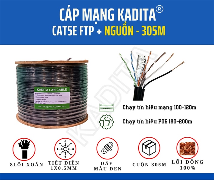 Cat5 FTP kèm nguồn KADITA 305M ĐỒNG 100%